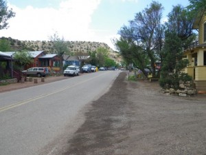 Shops line highway 14 on both sides.